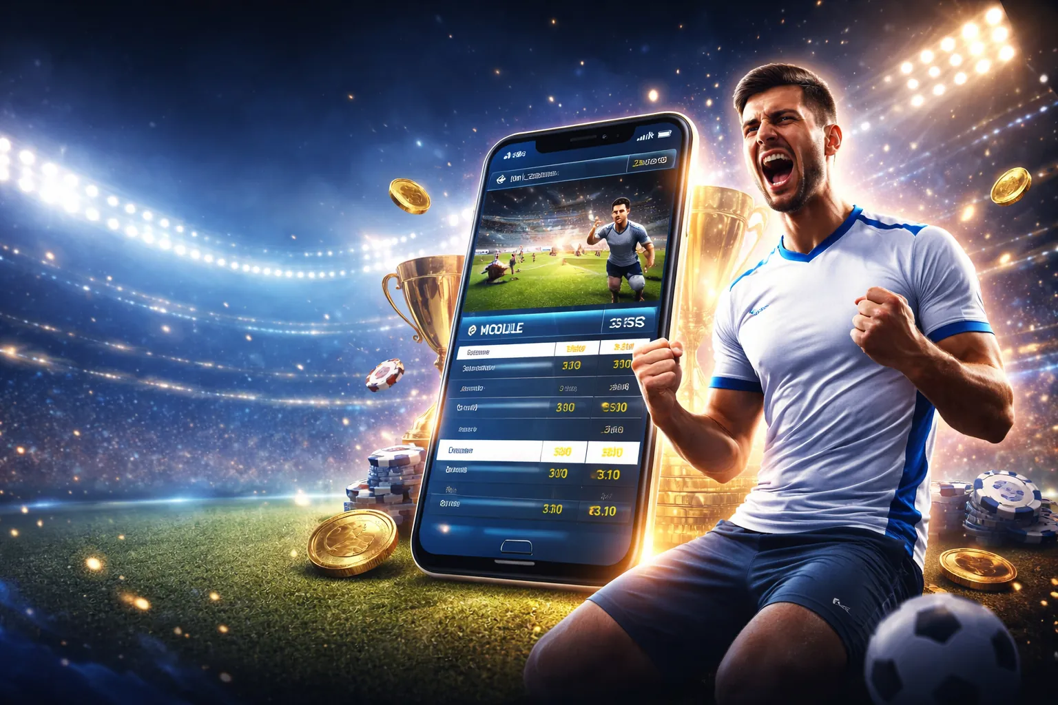 Sân vận động với hiệu ứng ánh sáng xanh lá và vàng, logo v7bet trang chủ chính thức hiển thị